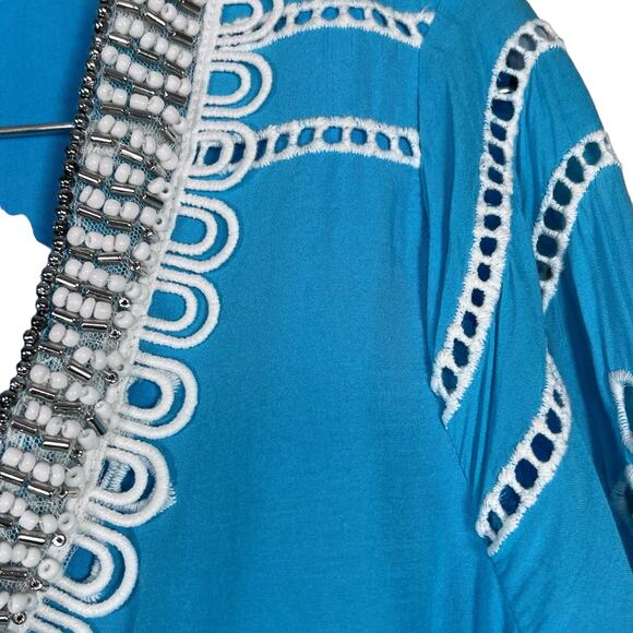 Boston Proper Women’s Turquoise & White Beaded Eyelet Blouse Medium - Picture 4 of 16